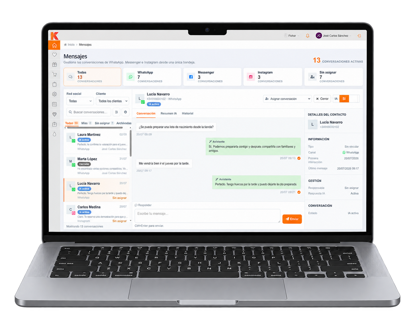 Bandeja de conversaciones de WhatsApp, Instagram y Messenger