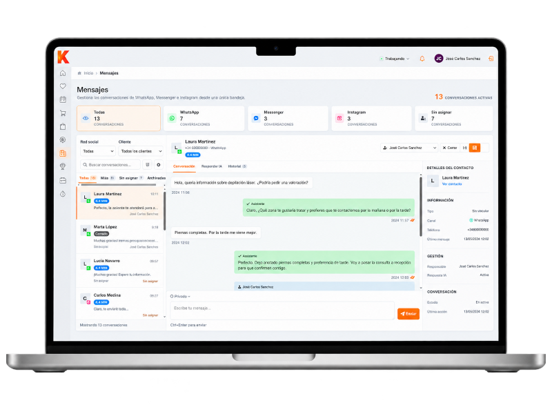 Bandeja de KERP para gestionar consultas de WhatsApp, Messenger e Instagram con IA y responsable asignado
