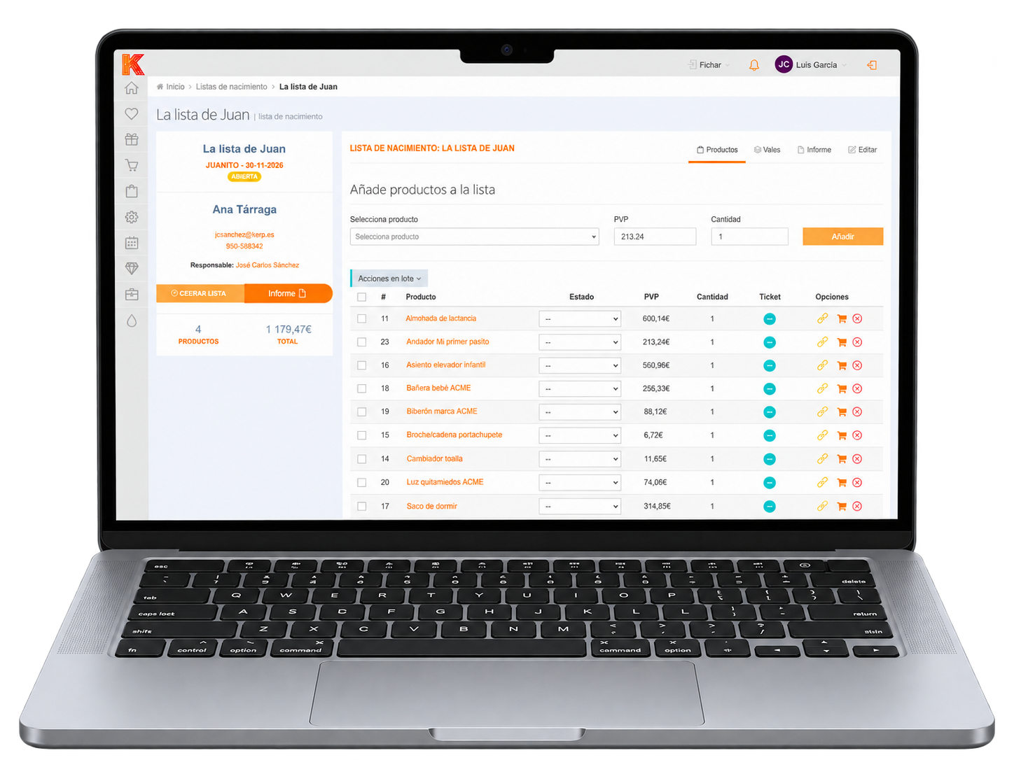 Lista de nacimiento con productos, reservas, pagos y pedidos